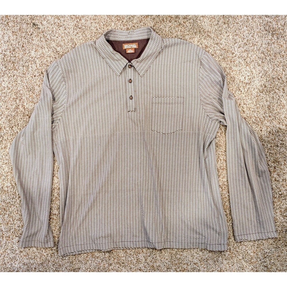 MICHAEL Michael Kors Mens XL Long Sleeve Polo Shirt Geometric Brown Cream #1045